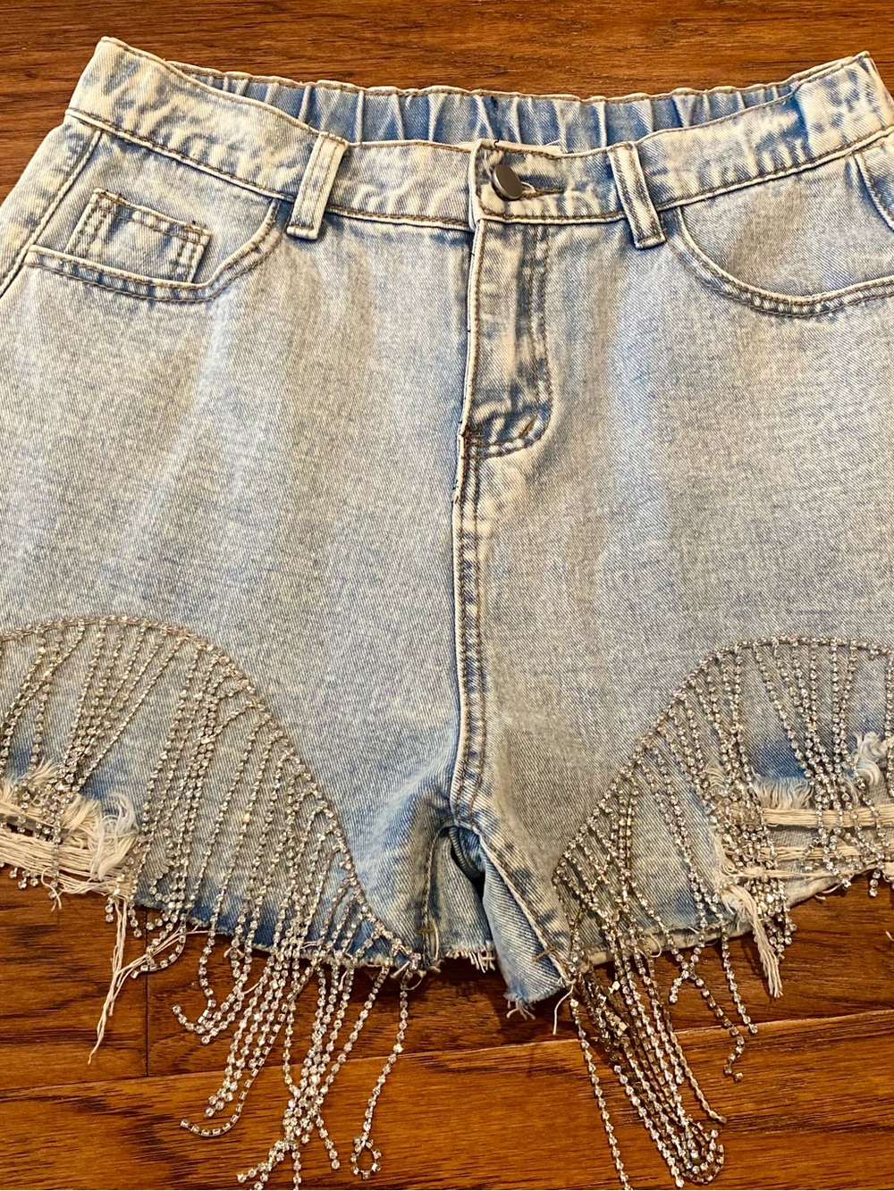 NWOT Savanna Jane‎ Light Blue Denim Shorts with Rhinestone Fringe - Picture 2 of 11